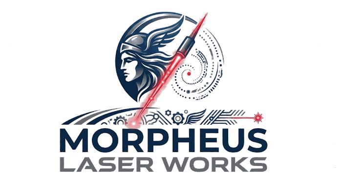 Morpheus Laser Works — a winged helmeted figure beside a laser marking a line of steel
